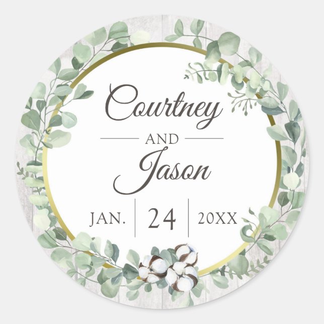 Southern Country Cotton Boll Rustic Wood Wedding Classic Round Sticker (Front)