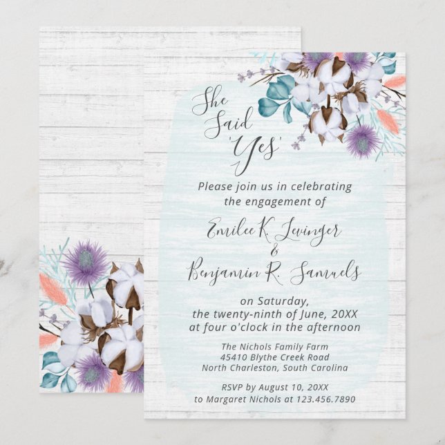 Southern Country Cotton Floral Engagement Party Invitation (Front/Back)
