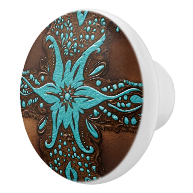 Southern Cowboy Brown Turquoise Western Country Ceramic Knob (Right)