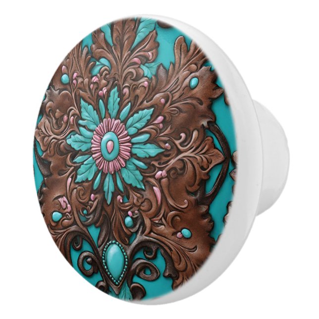 Southern Cowgirl Brown Turquoise Western Country  Ceramic Knob (Right)