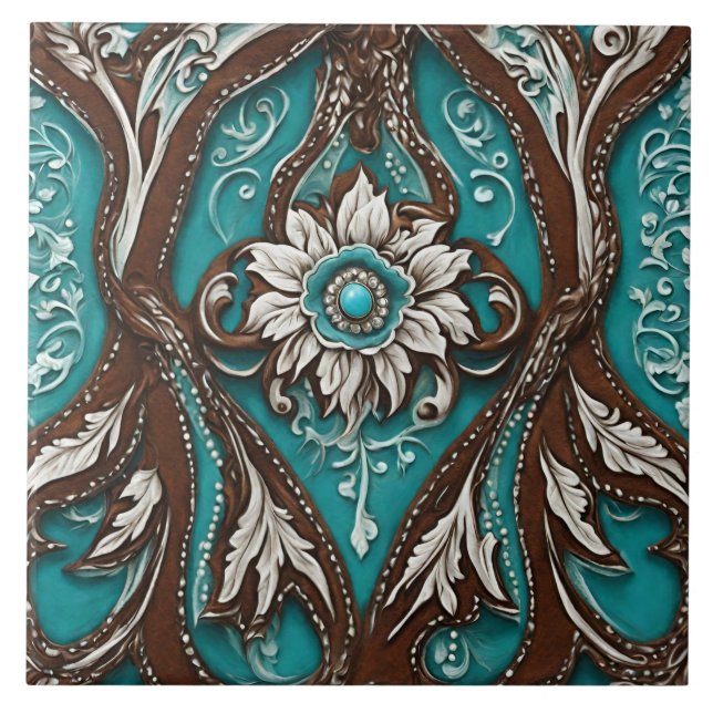 Southern Cowgirl Brown Turquoise Western Country  Tile (Front)