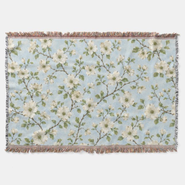 Southern Dogwood Blossom Pattern on Soft Blue Throw Blanket (Front)