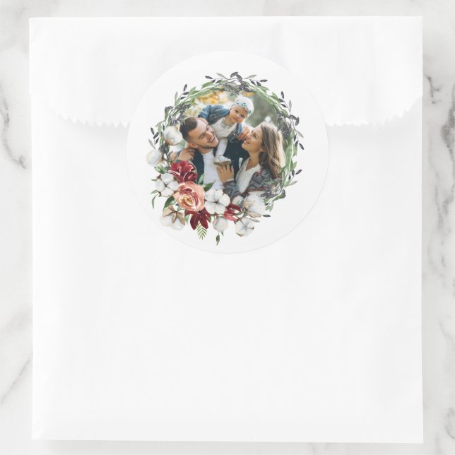 Southern Floral Cotton Christmas Wreath Photo Classic Round Sticker (Bag)