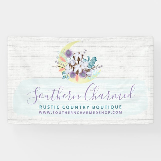 Southern Floral Cotton Moon & Rustic Wood Country Banner (Horizontal)
