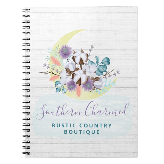 Southern Floral Cotton Moon & Rustic Wood Country Notebook (Front)