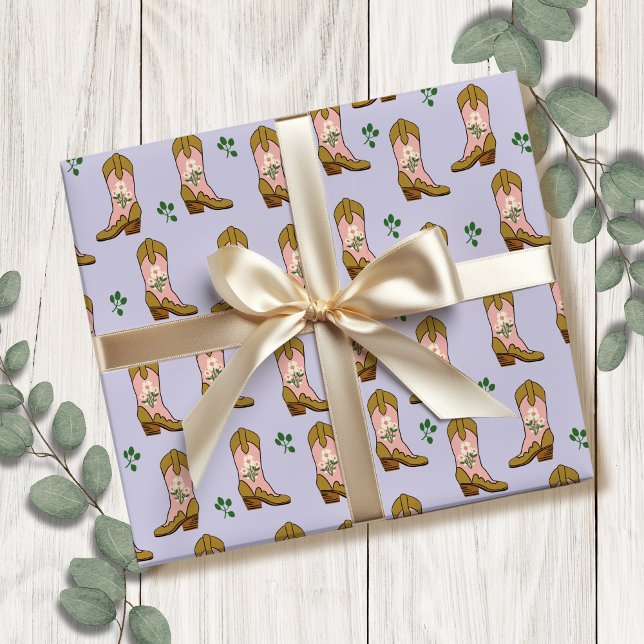 Southern Girl Cowgirl boots Birthday Wrapping Paper (Cute girly wrapping paper featuring blush pink and brown  cowgirl boots on a baby blue background.)