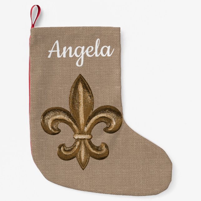Southern Gold Fleur de Lis & Faux Burlap Small Christmas Stocking (Front)