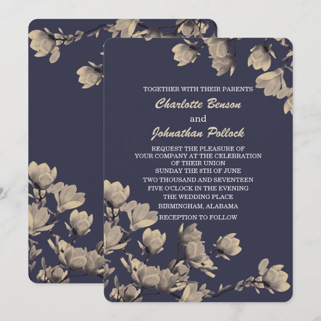 Southern Greige Magnolias Midnight Blue Wedding Invitation (Front/Back)