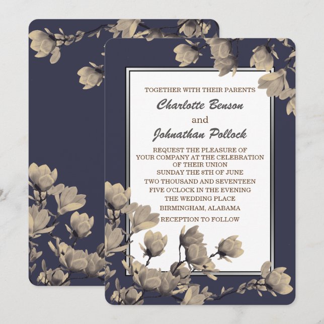Southern Greige Magnolias Midnight Blue Wedding Invitation (Front/Back)