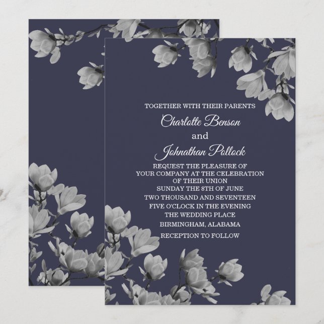 Southern Grey Magnolias & Midnight Blue Wedding Invitation (Front/Back)