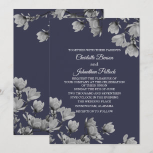 Southern Grey Magnolias & Midnight Blue Wedding Invitation