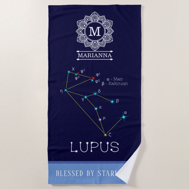 Southern Hemisphere Constellation Lupus Beach Towel (Front)