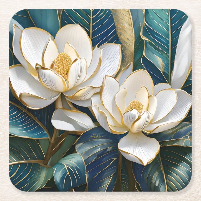 Southern Magnolia Art Square Paper Coaster (Front)