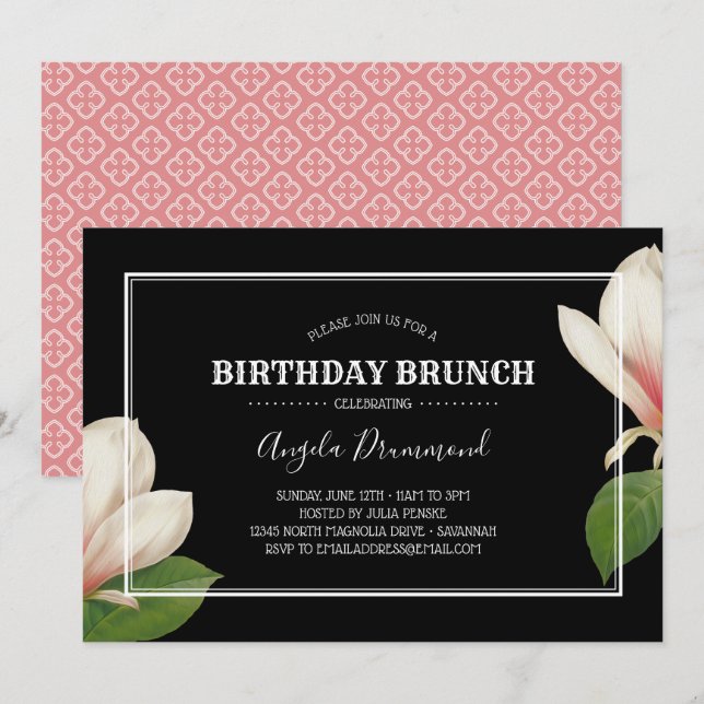 Southern Magnolia Birthday Brunch Black Invitation (Front/Back)