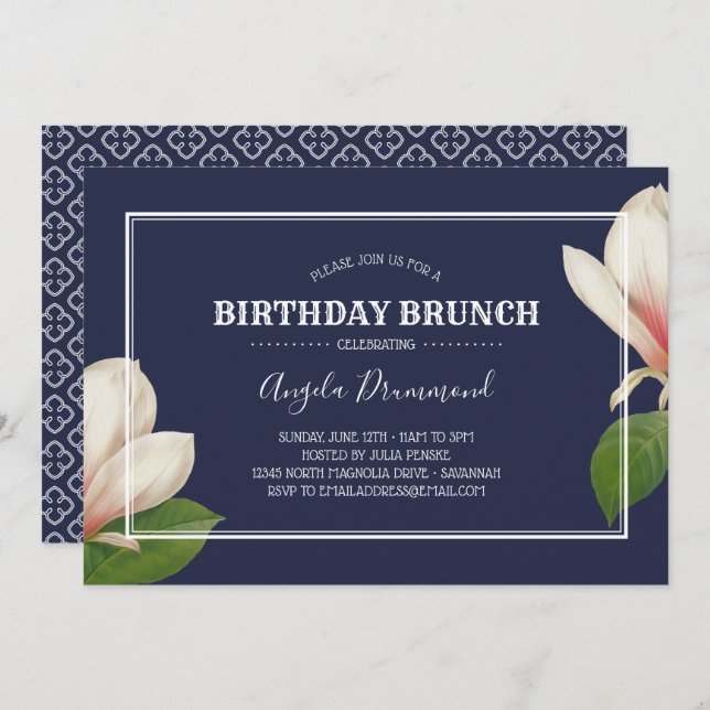 Southern Magnolia Birthday Brunch Blue Invitation (Front/Back)