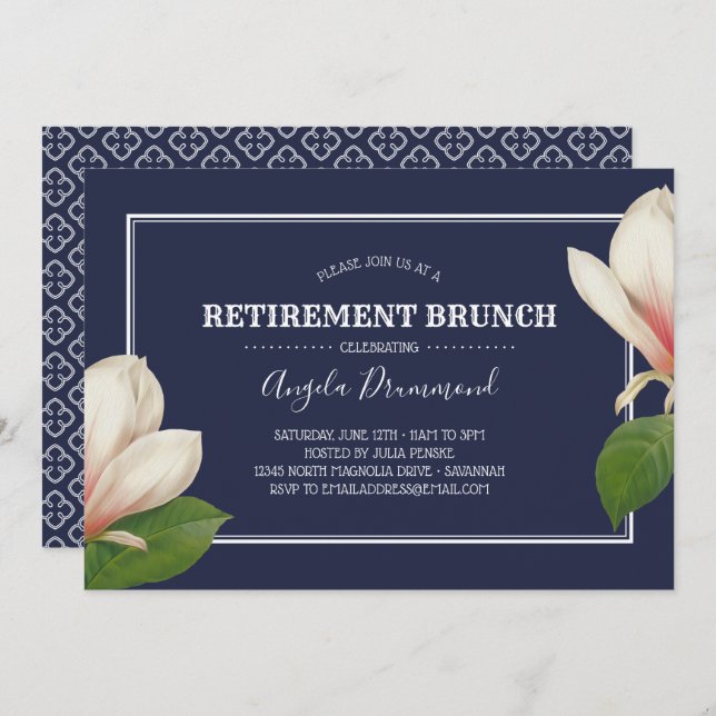 Southern Magnolia Blue Retirement Brunch Invitation (Front/Back)
