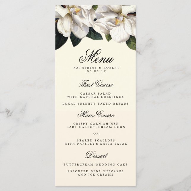 Southern Magnolia Botanical Wedding Menu Card (Front)