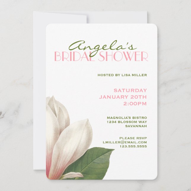 Southern Magnolia Bridal Shower | Pink White Green Invitation (Front)