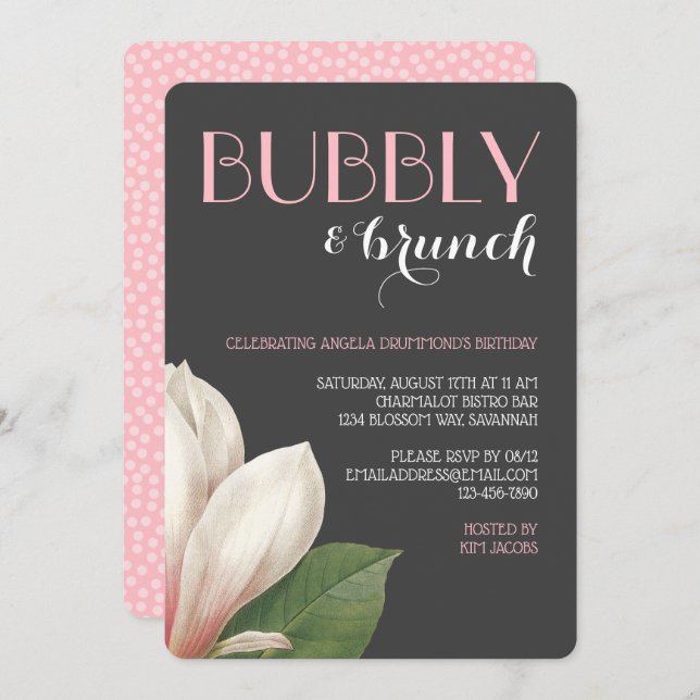 Southern Magnolia Bubbly Brunch | Grey Ivory Black Invitation (Front/Back)