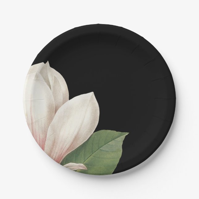 Southern Magnolia Flower | Elegant Black Paper Plate (Front)