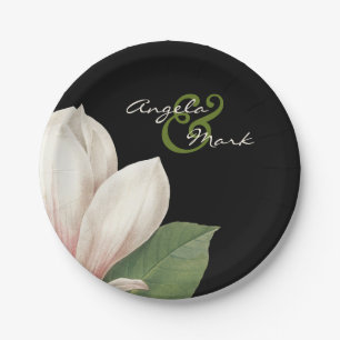 Southern Magnolia Flower Wedding   Elegant Black Paper Plate