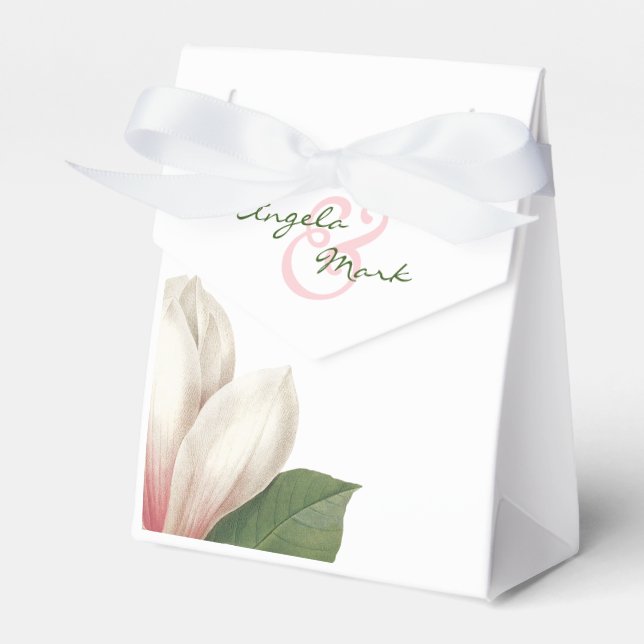 Southern Magnolia Flower Wedding | Pink and White Favour Box (Front Side)