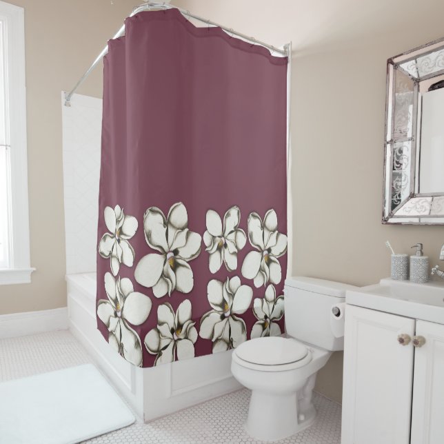 Southern Magnolia Flowers Border Maroon  Shower Curtain (In Situ)