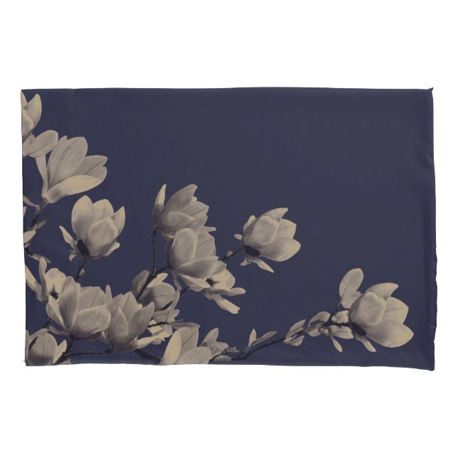 Southern Magnolia Flowers & Midnight Navy Blue Pillowcase (Front)