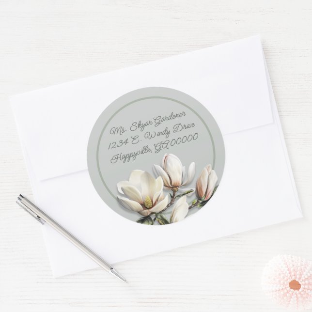 Southern Magnolia Flowers Return Address Classic Round Sticker (Envelope)