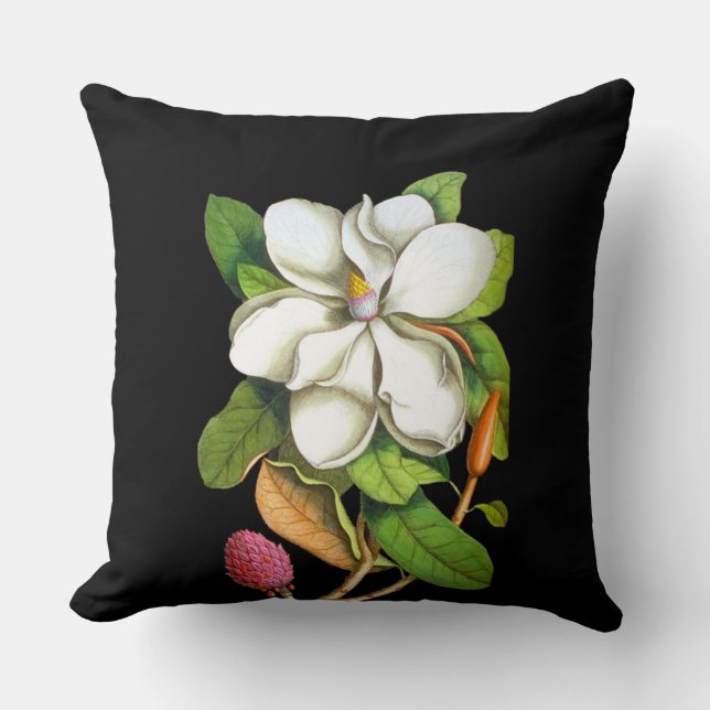 Southern Magnolia on Black Indoor Pillow (Front)