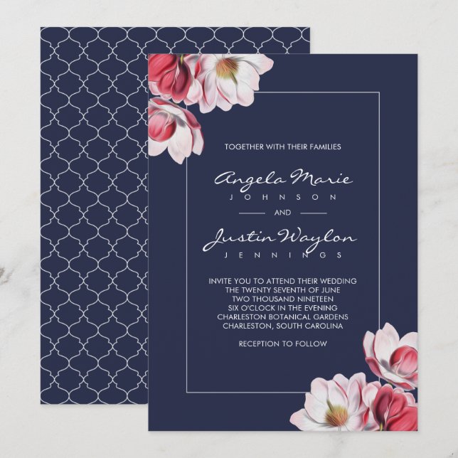 Southern Magnolia Wedding Midnight Blue Invitation (Front/Back)