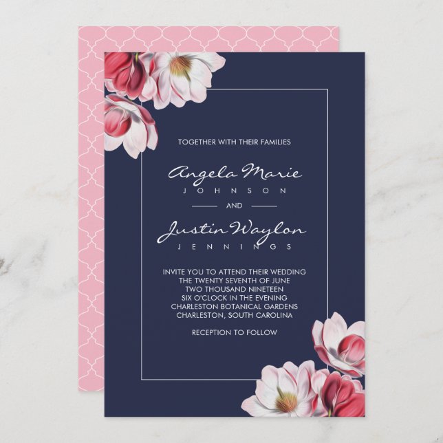 Southern Magnolia Wedding Pink and Blue Invitation (Front/Back)