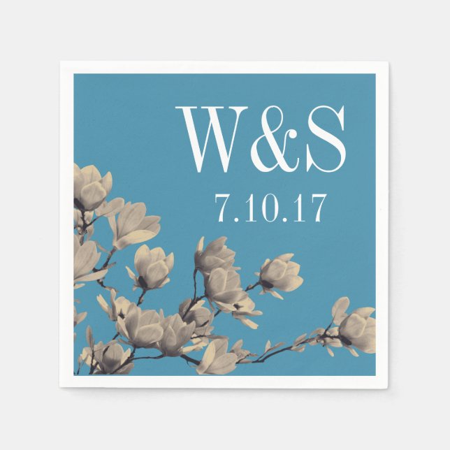 Southern Magnolias & Blue Wedding Napkin (Front)