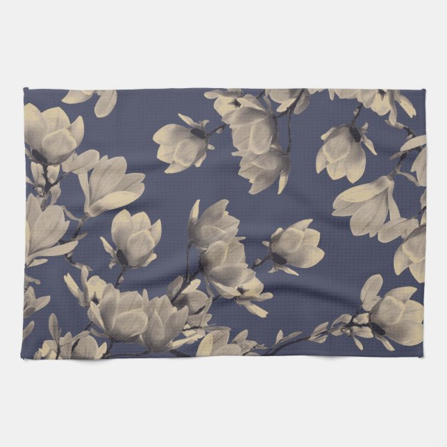 Southern Magnolias & Midnight Blue Floral Tea Towel (Horizontal)