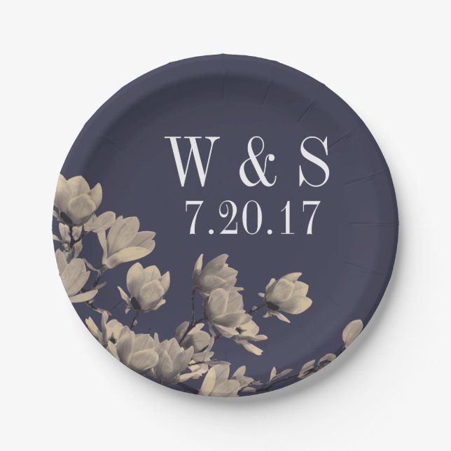 Southern Magnolias & Midnight Blue Wedding Paper Plate (Front)