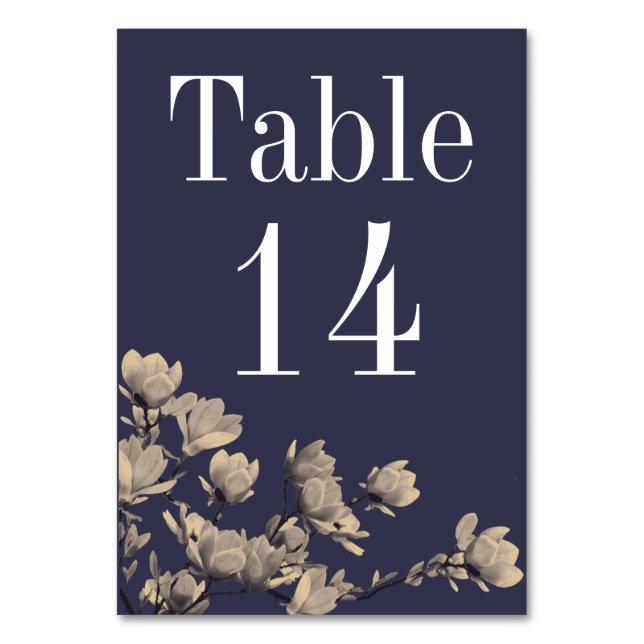 Southern Magnolias & Midnight Blue Wedding Table Number (Front)