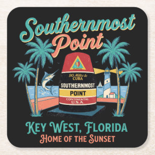 Southern Most Point Key West Retro Tropical Vibe Square Paper Coaster