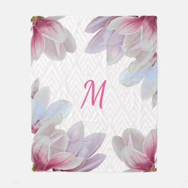 Southern Pink Magnolia Blossoms Initial Letter Fleece Blanket (Front)