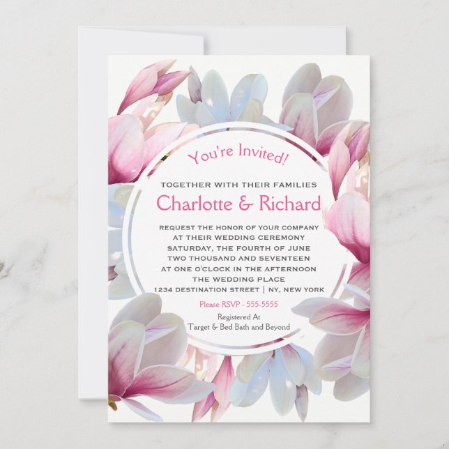 Southern Pink Magnolia Blossoms Wedding Invitation (Front)