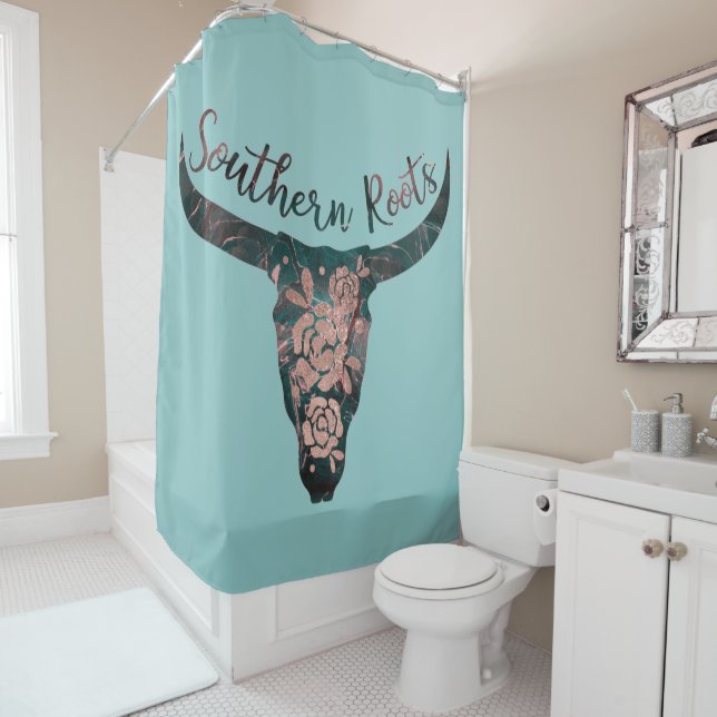 Southern Roots Country Longhorn Pink Rose & Green Shower Curtain (In Situ)