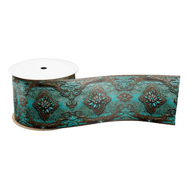 Southern Turquoise Brown Western Country Floral Satin Ribbon (Spool)