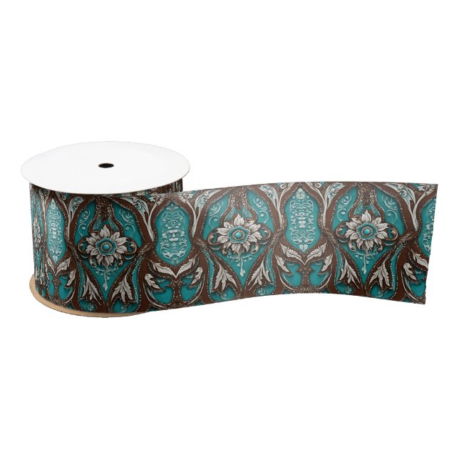 Southern Turquoise Brown Western Country Floral Satin Ribbon (Spool)
