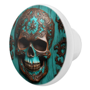 Southern Turquoise Día De Muertos Sugar Skull  Ceramic Knob