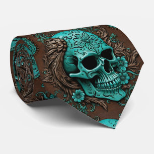 Southern Turquoise Western Country Floral Skull Tie
