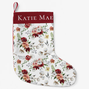 Southern Watercolor Floral & Cotton Custom Name Small Christmas Stocking