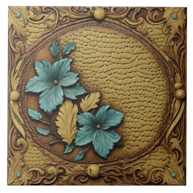 Southern Western Country Beige Turquoise Floral  Tile (Front)
