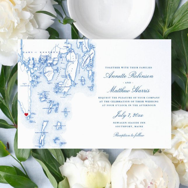 Southport Boothbay Harbour Maine Navy Map Wedding Invitation (Creator Uploaded)