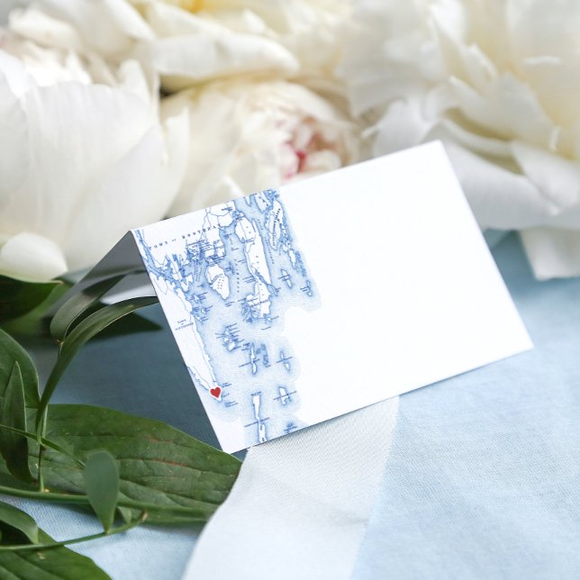 Southport Maine Map Blue Folded Wedding Place Card (Southport Maine Map Elegant blank wedding place card for an elegant Newagen Seaside Inn wedding)