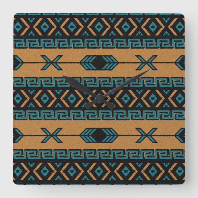 Southwest Aztec Pattern Turquoise And Tan Square Wall Clock (Front)
