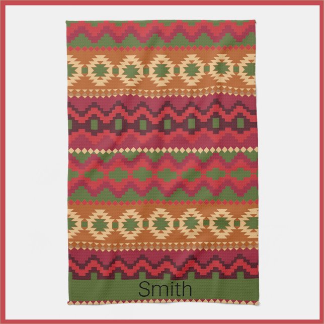 Southwest Aztec Style Pink Green and Brown Tea Towel (Bookmark my store! https://www.zazzle.com/store/capricepetit)